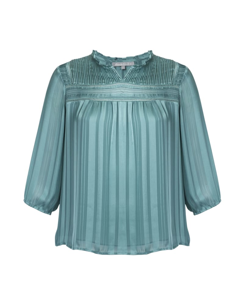 Front of a size 1X Greta Shadow Stripe Blouse in Sage Brush by Daniel Rainn. | dia_product_style_image_id:255678